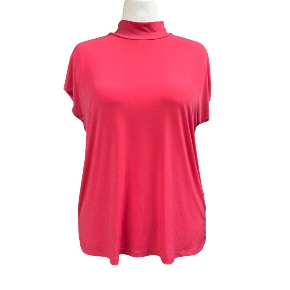 Susan Graver Mock Neck Liquid Knit Cap Sleeve Blouse Sz L Pink